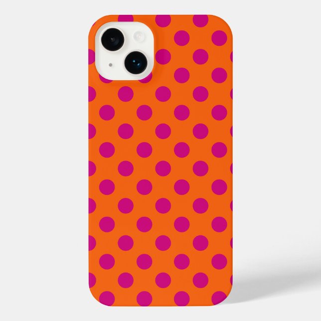 Fuchsia polka dots on orange iPhone case (Back)