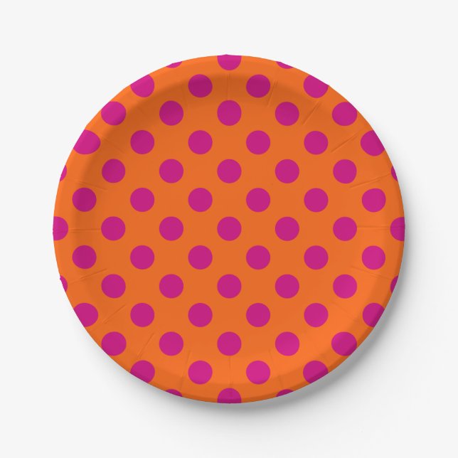 Fuchsia polka dots on orange paper plate (Front)