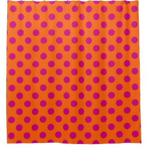 Fuchsia polka dots on orange shower curtain