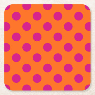 Fuchsia polka dots on orange square paper coaster
