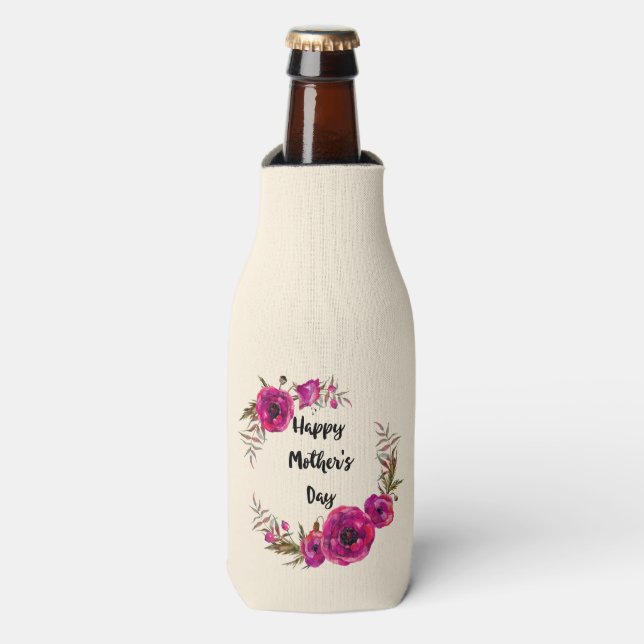 Fuchsia Poppies Floral Wreath Happy Mother's Day Bottle Cooler (Bottle Front)