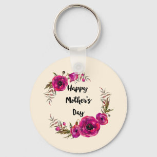 Fuchsia Poppies Floral Wreath Happy Mother's Day Key Ring