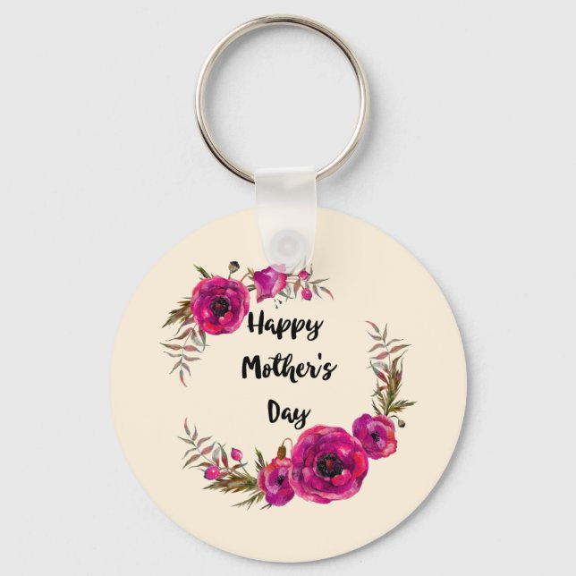 Fuchsia Poppies Floral Wreath Happy Mother's Day Key Ring (Front)