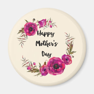 Fuchsia Poppies Floral Wreath Happy Mother's Day Magnet