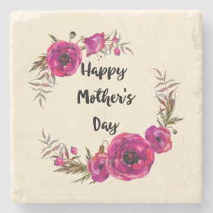 Fuchsia Poppies Floral Wreath Happy Mother's Day Stone Coaster