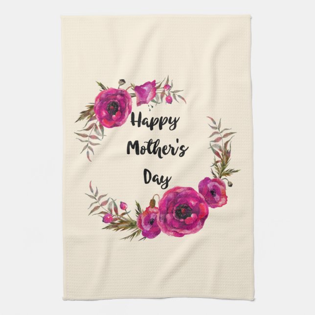 Fuchsia Poppies Floral Wreath Happy Mother's Day Tea Towel (Vertical)