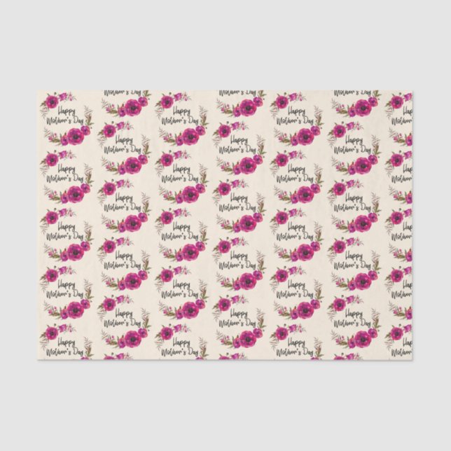 Fuchsia Poppies Floral Wreath Happy Mother's Day Tissue Paper (Front)