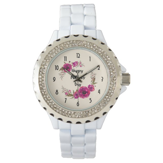 Fuchsia Poppies Floral Wreath Happy Mother's Day Watch (Front)