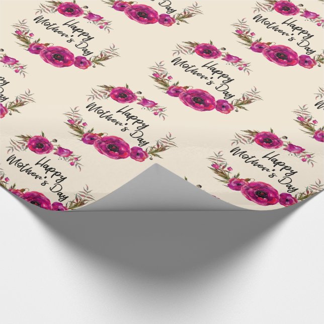 Fuchsia Poppies Floral Wreath Happy Mother's Day Wrapping Paper (Corner)