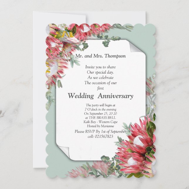 Fuchsia Protea Flower Bouquets Anniversary Invitation (Front)