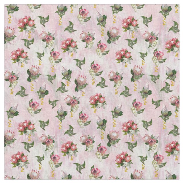 Fuchsia Protea flower bouquets with sage leaves Fabric (Close Up)