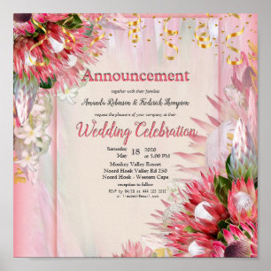 Fuchsia  Protea's with Blush & Gold Announcement Poster