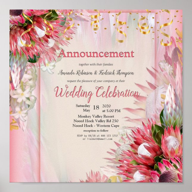 Fuchsia  Protea's with Blush & Gold Announcement Poster (Front)