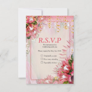 Fuchsia  Protea's with Blush & Gold ribbons RSVP Card