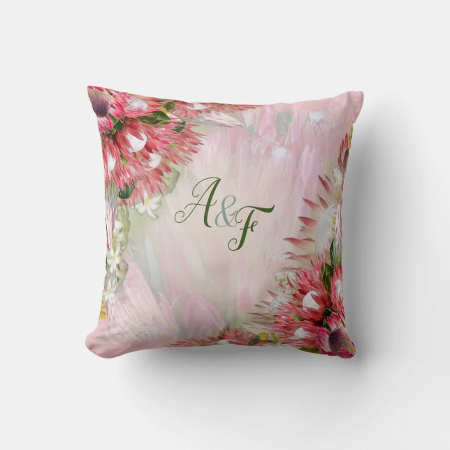 Fuchsia  Protea's with Blush & Gold  Wedding Gift Cushion (Front)