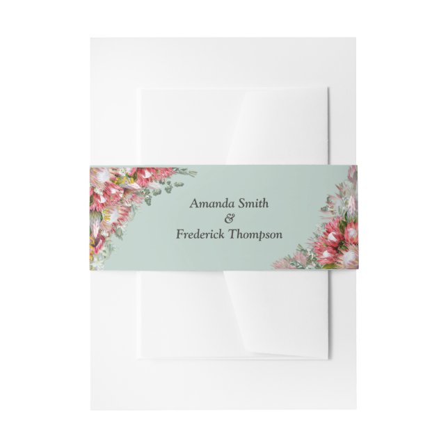 Fuchsia  Protea's with Green & Gold  Envelope Band Invitation Belly Band (Front Example)