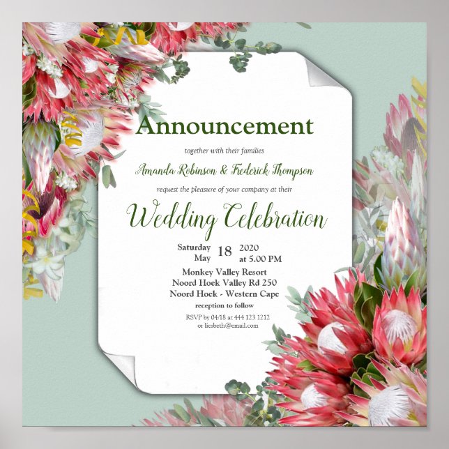 Fuchsia  Protea's with Greens & Gold Announcement Poster (Front)