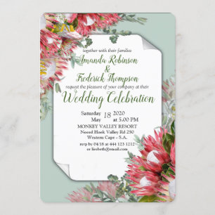 Fuchsia  Protea's with Greens & Gold Ribbon Invitation