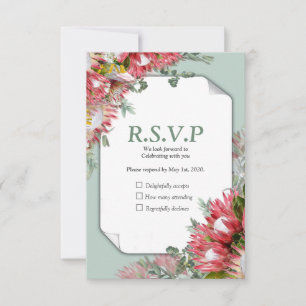 Fuchsia Protea's with Greens & Gold ribbons RSVP Card