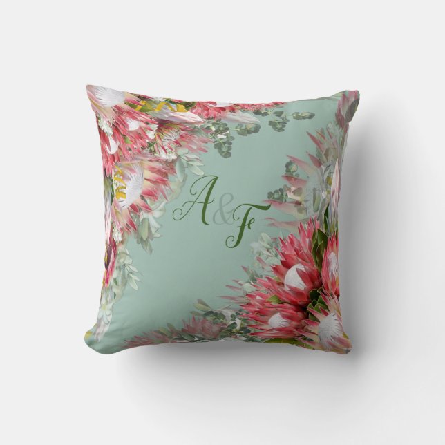 Fuchsia  Protea's with Greens & Gold  Wedding Gift Cushion (Front)