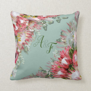 Fuchsia Protea's with Greens & Gold Wedding Gift Cushion