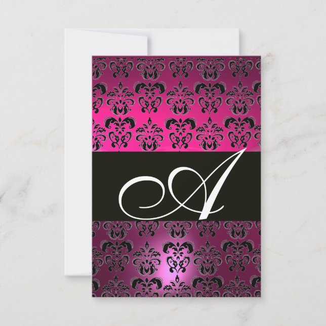 FUCHSIA PURPLE BLACK WHITE DAMASK MONOGRAM RSVP (Front)