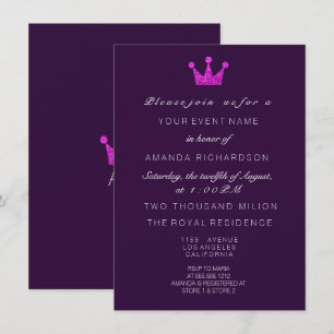 Fuchsia Purple PinkCrown Royal Glitter 16th Bridal Invitation