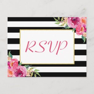 Fuchsia Purple Red Floral Gold Wedding RSVP Reply Invitation Postcard