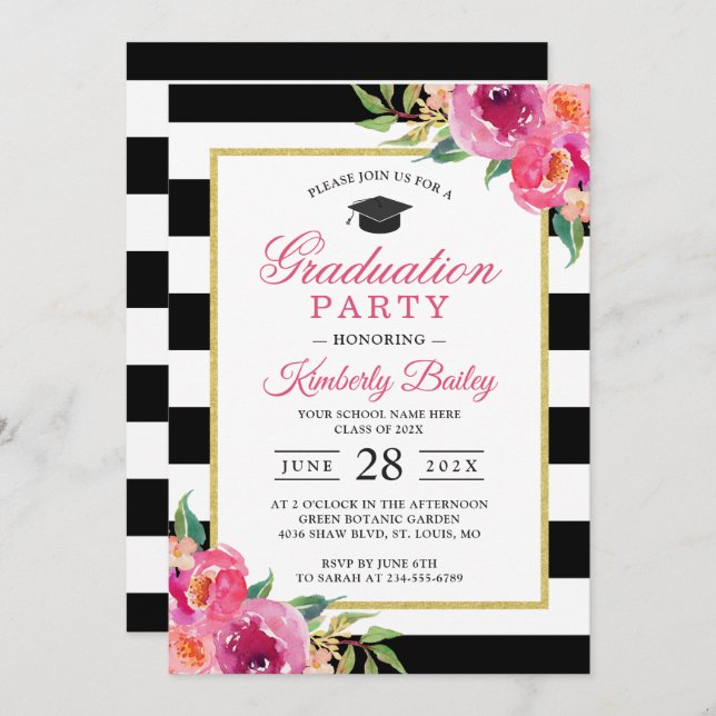 Fuchsia Purple Red Floral Stripes Graduation Party Invitation (Front/Back)