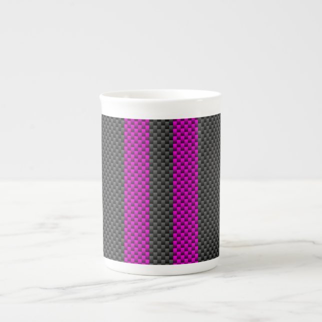 Fuchsia Racing Stripes in Carbon Fibre Style Bone China Mug (Front)