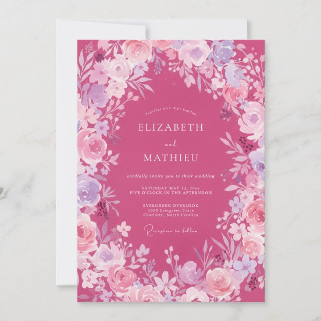 Fuchsia Ranunculus Sage Wedding Invitation (Front)