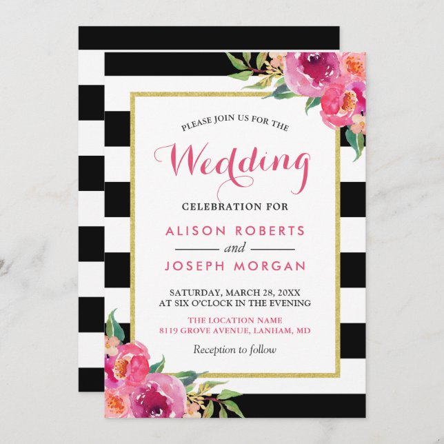 Fuchsia Raspberry Floral Stripes Modern Wedding Invitation (Front/Back)