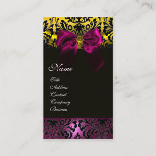 FUCHSIA RIBBON BLACK GOLD YELLOW DAMASK MONOGRAM BUSINESS CARD