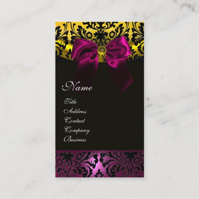 FUCHSIA RIBBON BLACK GOLD YELLOW DAMASK MONOGRAM BUSINESS CARD (Front)