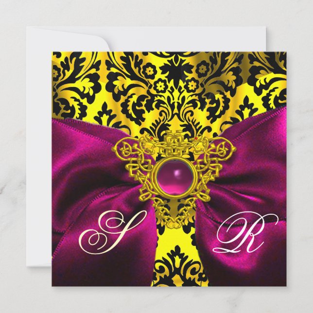 FUCHSIA RIBBON GOLD CELTIC HEART DAMASK MONOGRAM INVITATION (Front)