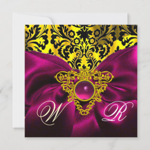FUCHSIA RIBBON GOLD CELTIC HEART  DAMASK MONOGRAM INVITATION