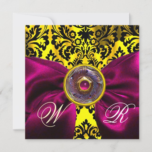 FUCHSIA RIBBON GOLD YELLOW  BLACK  DAMASK MONOGRAM INVITATION (Front)
