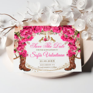 Fuchsia Roses and Cowboy Boots Country Quinceañera Save The Date