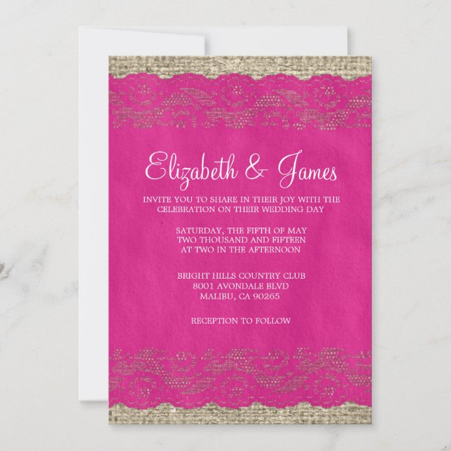 Fuchsia Rustic Lace Wedding Invitations (Front)