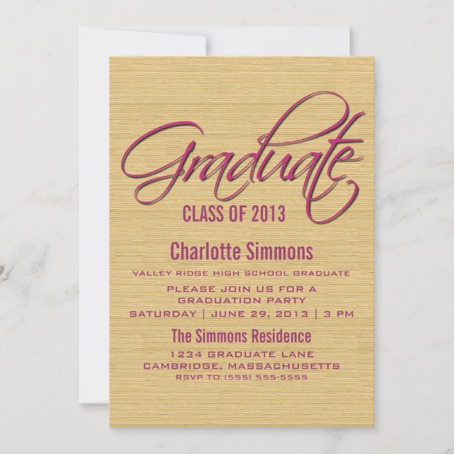 Fuchsia Rustic Script Graduation Invite (Front)