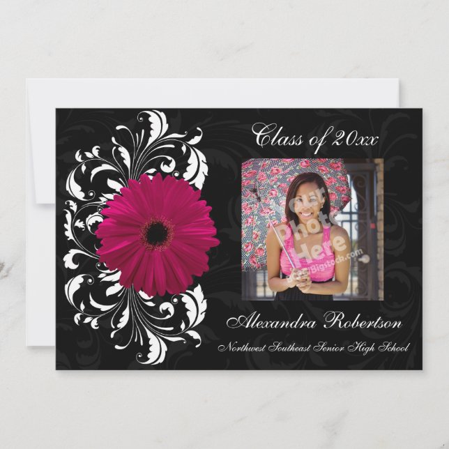 Fuchsia Scroll Gerbera Daisy Graduation Invitation (Front)