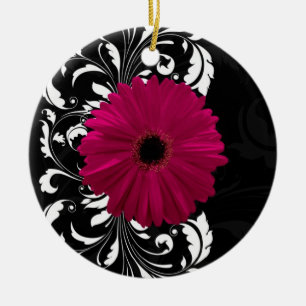 Fuchsia Scroll Gerbera Daisy w/Black and White Ceramic Tree Decoration