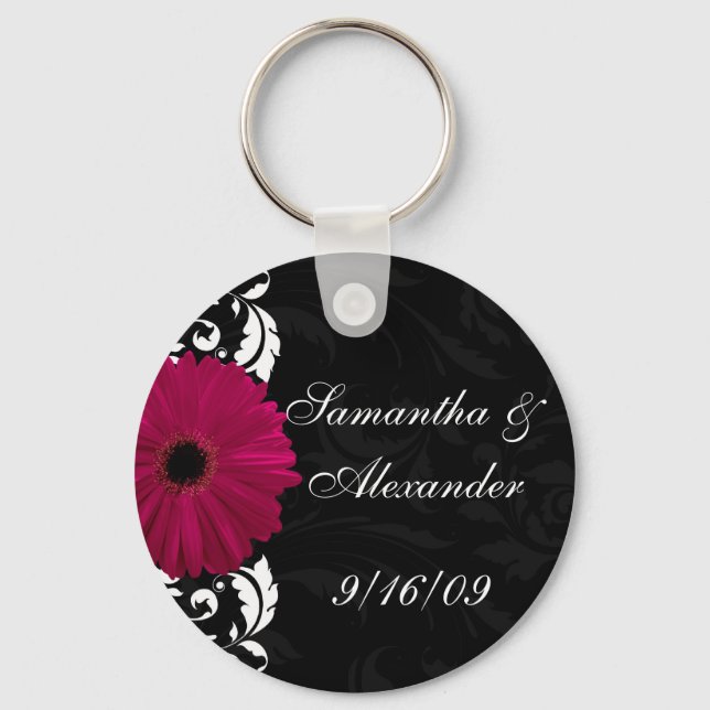 Fuchsia Scroll Gerbera Daisy w/Black and White Key Ring (Front)