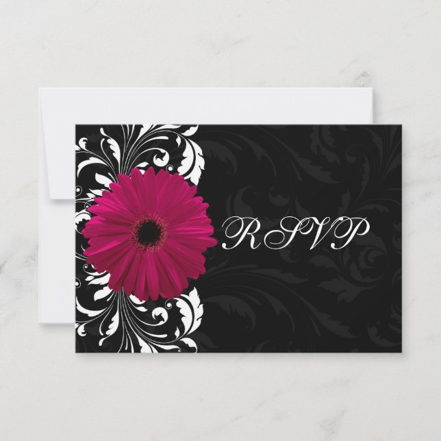 Fuchsia Scroll Gerbera Daisy w/Black and White RSVP Card (Front)