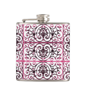 Fuchsia scrollwork pattern hip flask