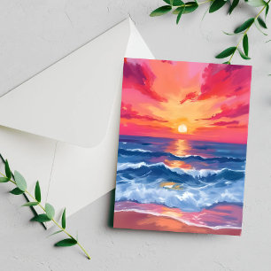 Fuchsia Shore Sunset Ocean Waves Watercolor Card