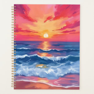Fuchsia Shore Sunset Ocean Waves Watercolor Planner