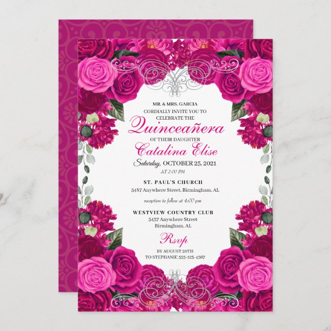 Fuchsia & Silver Floral Quinceanera Birthday Invitation (Front/Back)