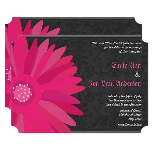 Fuchsia Silver Metallic Gerber Daisy Wedding Card