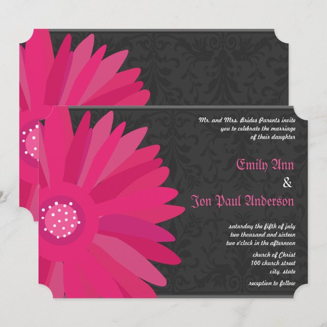 Fuchsia Silver Metallic Gerber Daisy Wedding Invitation (Front/Back)